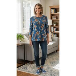 Vintage 90s Bonworth Floral Jersey Tee 3/4 Sleeves Made in USA Womens Size Large